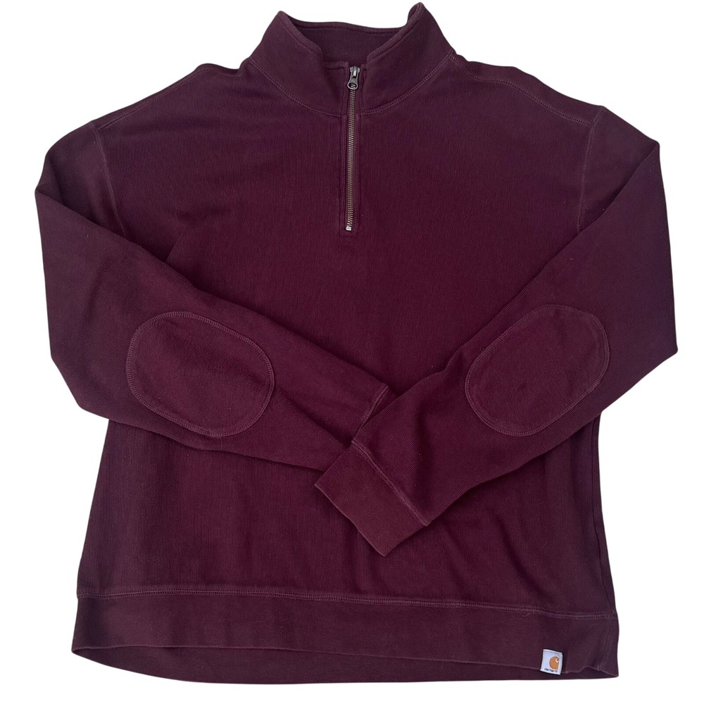 Carhartt Mens XL Burgundy 1/4 Zip Ribbed Cotton Pullover Sweater Elbow Patches